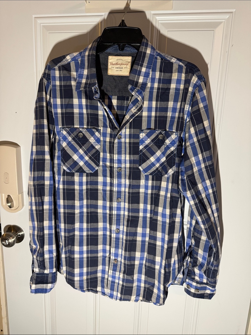 Weatherproof vintage Men's Navy and White Plaid Button-Down Shirt